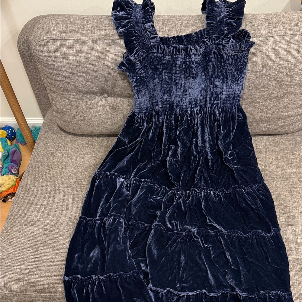 Velvet Ruffle Strap Kids Dress in Navy
